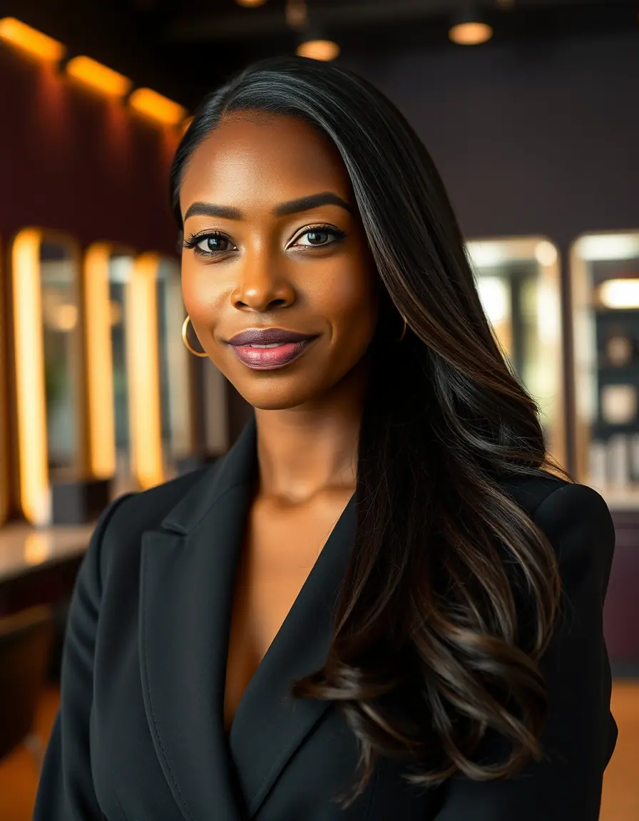 A Black woman beauty professional in a black blazer, standing in a warmly lit salon