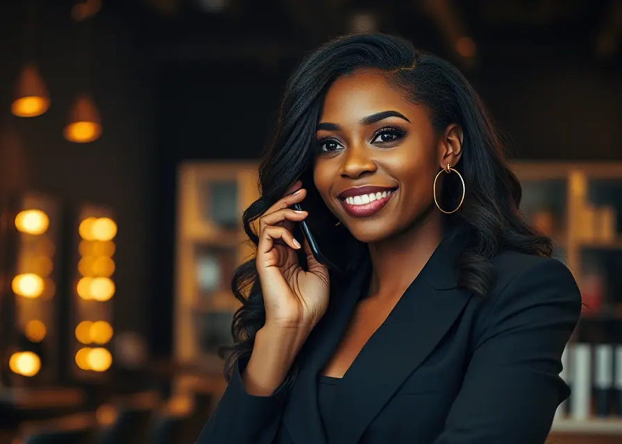 A Black woman salon owner smiling while talking on her phone at the reception desk