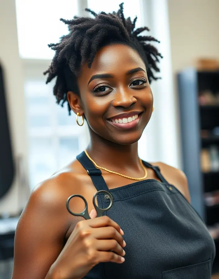 A natural-hair stylist holding shears