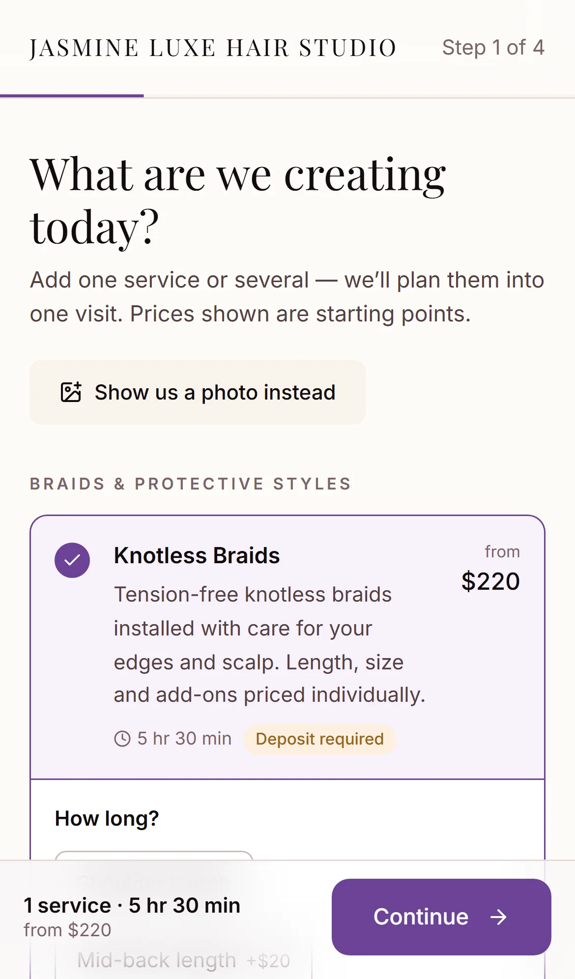 Booking on a phone: Knotless Braids selected, 5 hours 30 minutes, from $220, with a deposit required