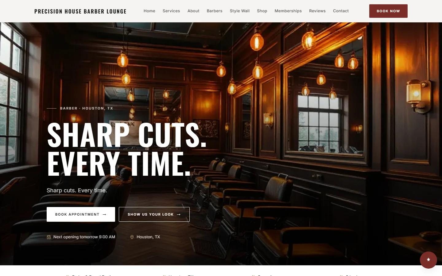 Precision House Barber Lounge’s generated website: Sharp Cuts. Every Time.