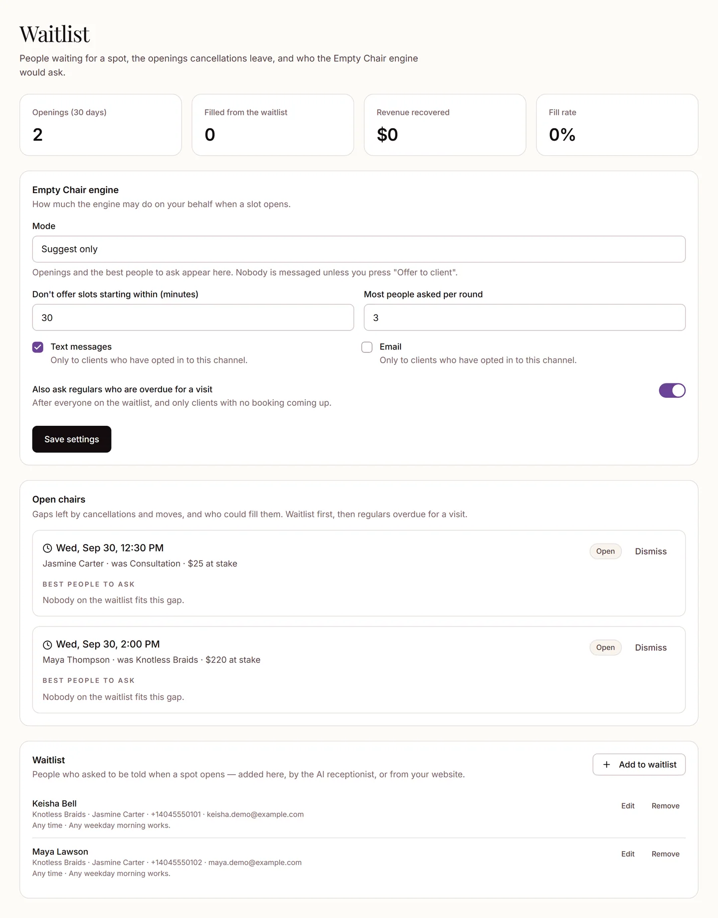 The Waitlist page: open chairs from cancellations, the Empty Chair settings and the clients waiting